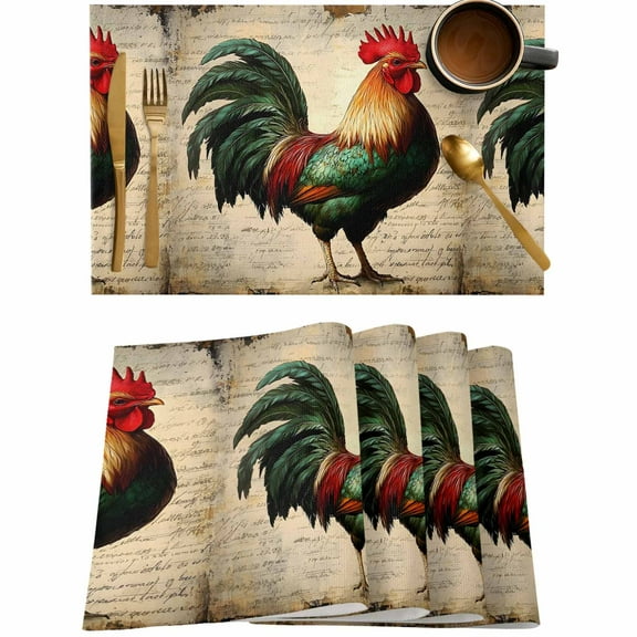 Farm Rooster Watercolor Animal Placemats Set of 4,Wipeable Washable Table Mats for Dining Tables,Retro Letter Place Mats for Kitchen Event Party Tabletop Decor