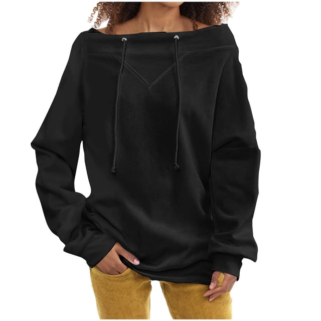 Timegard Womens Tops off the Shoulder Drawstring Long Sleeve Comfy Blouse Fall Casual Solid Color Tshirts