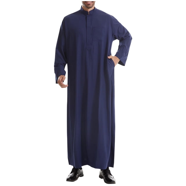 LOVZFMLL Jackets for Men's Muslim Robe Arab Middle Robe Long Style Long Sleeve Standing Neck Pocket Pullover Fashion Casual Robe