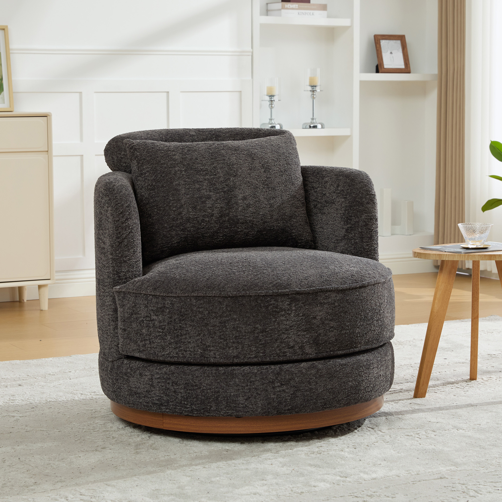 Leumius 360°Swivel Barrel Chair with 1 Plump Pillow and a Circular Wooden Base Ring, Round Chair with Removable Cushion for Living Room Bedroom Apartment,Charcoal
