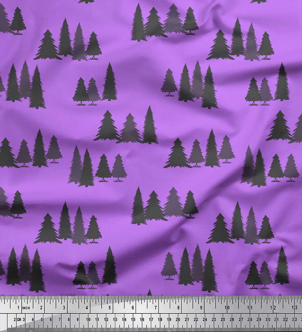 Soimoi Purple Heavy Satin Fabric Stencil Christmas Tree Print Fabric by Yard 54 Inch Wide