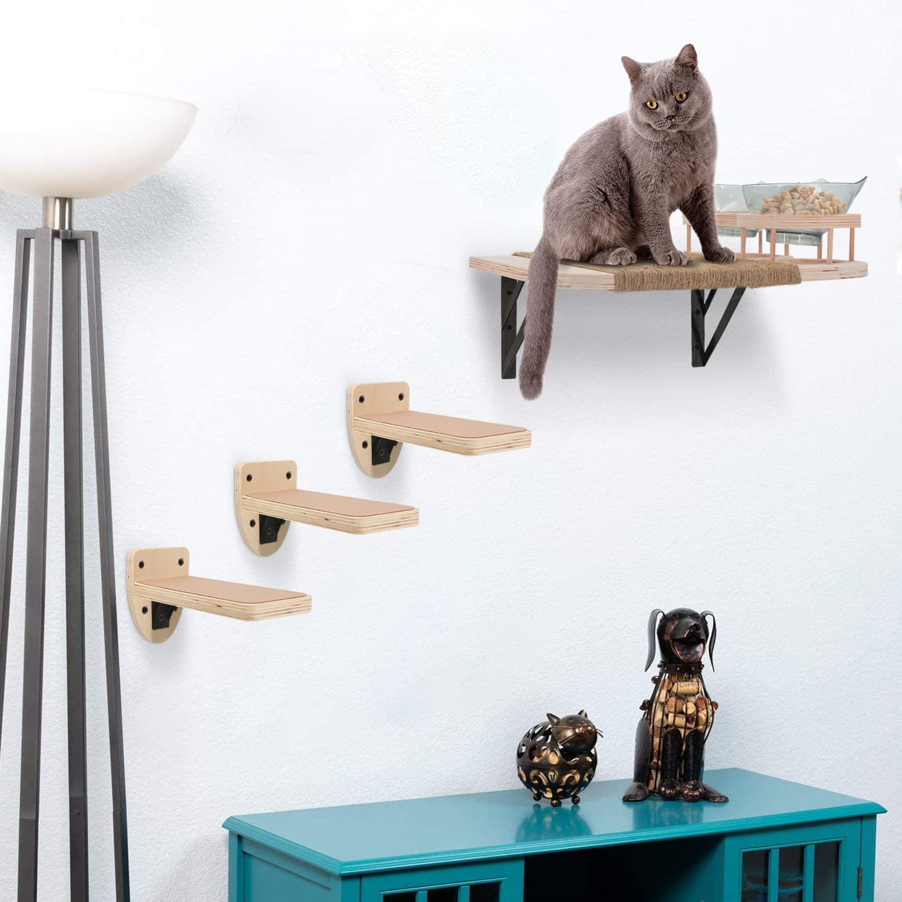 Wall Mounted Cat Perch, Climbing Shelves, Plush Covered Set with 3 Steps & Cat Hammock