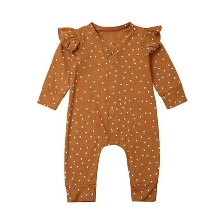 

Tregren Baby Girl Clothes Ruffles Polka Dots Long Sleeve Romper Newborn Button Down Outfit Bodysuit One Piece
