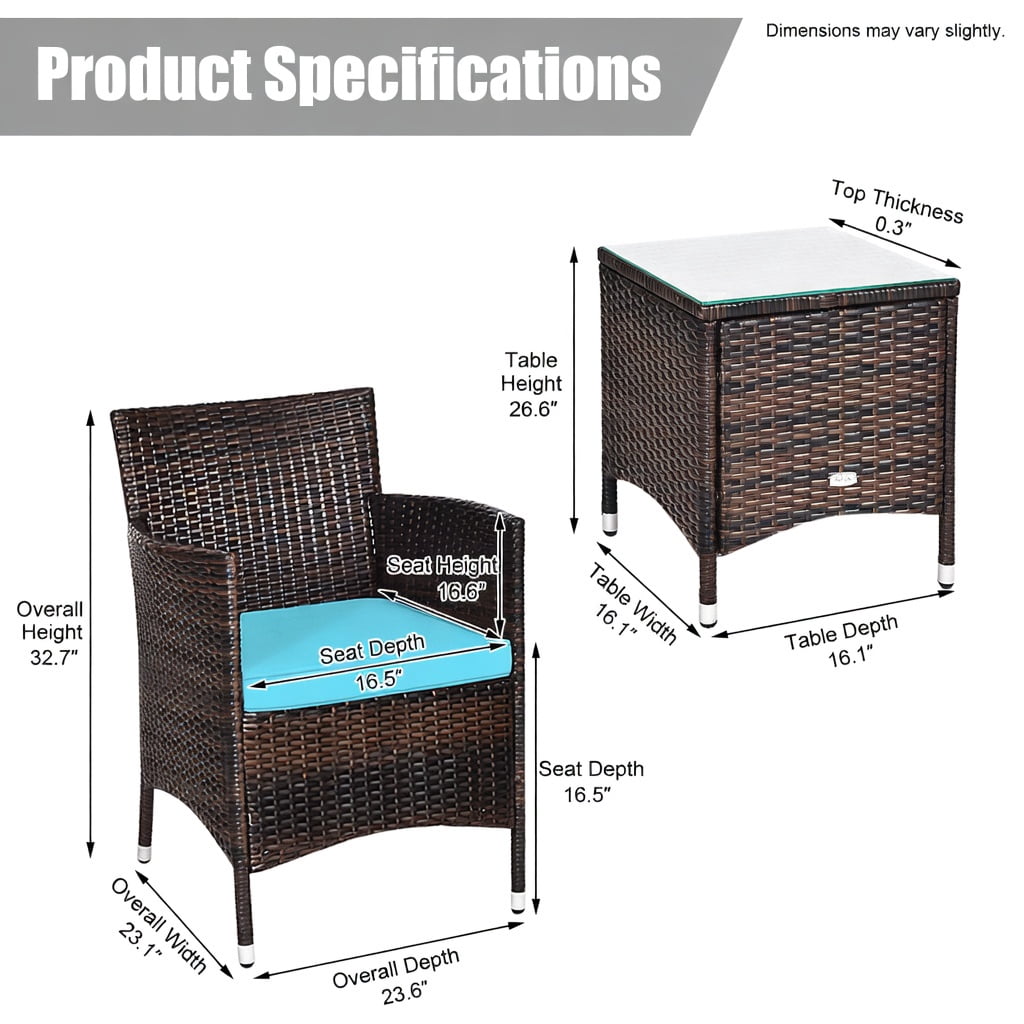 Hommoo 3-Piece Outdoor Wicker Patio Furniture Set with Cushions, PE Rattan Chairs & Tempered Glass Coffee Table for Backyard, Poolside, or Garden, Turquoise
