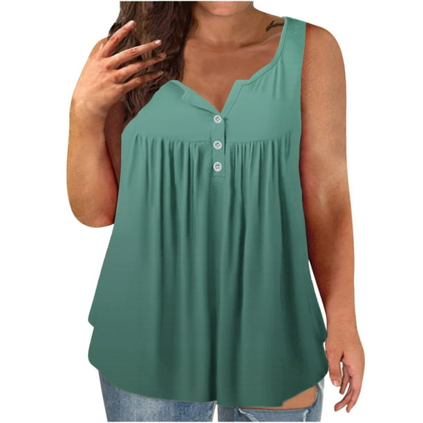 Puntoco Chaleco Casual Con Cuello Redondo Y top Sin Mangas De Color Sólido Con Botones Plisados Para Mujer Verde Xxxxl, Regalo Para Mujer