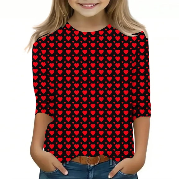 KyCheLot Print Tshirts for Girls 3/4 Sleeve Comfy Stretchy Long Sleeve Cute Lightweight Pullover Valentine Tshirt 3-13 Years