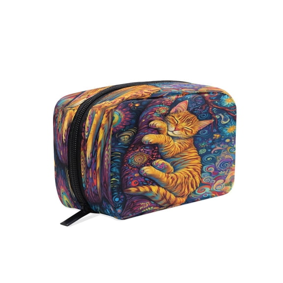BZSMCE Makeup and Cosmetic Bag Women Simple Colorful Cat Sleeping on Branch Pattern Square Cosmetic Bag