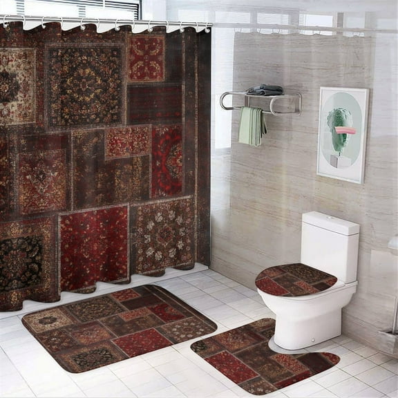 Bohemia Shower Curtain Set 4PCs with Hooks Waterproof Bathroom Toilet Mat Lid Decor