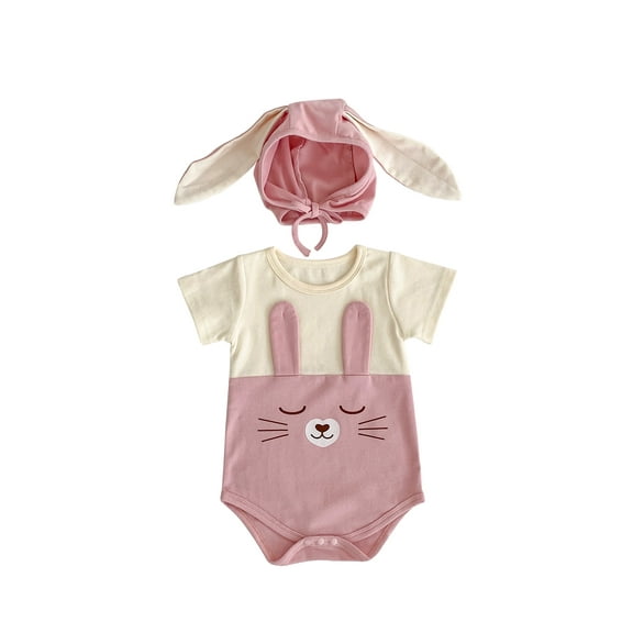Bagilaanoe Newborn Baby Girl Boys Easter Rompers Print Short Sleeve Bodysuits   Hat Infant Summer One Piece Jumpsuit