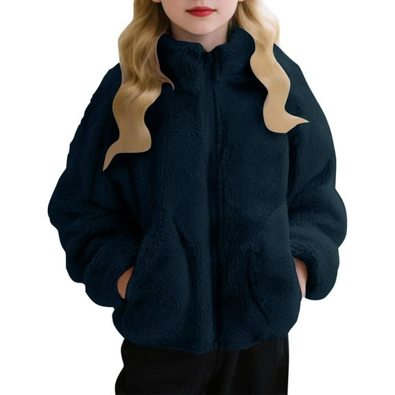 Fesfesfes Cute Solid Color Long Sleeve Hoodless Jacket with Pockets Stand Up Collar Pocket Coat for Big Kids Children Casual Outerwear Winter Warm Daily Wear(Dark Blue,1 Years)