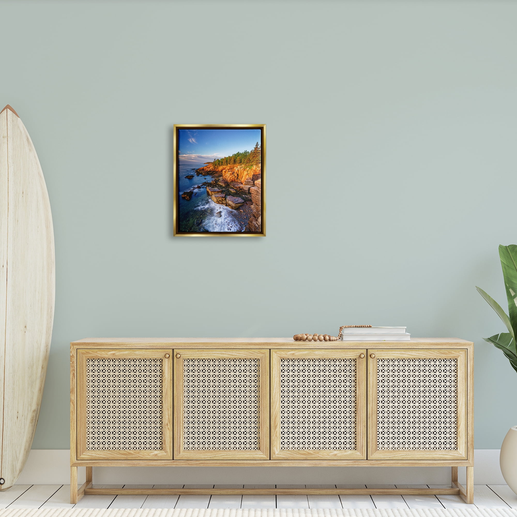 Stupell Rocky Cliffs Shore Beach Foam Landscape Photography Gold Floater Framed Art Print Wall Art
