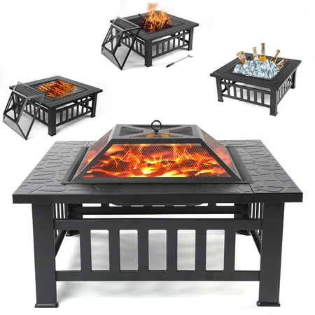 32" Square Fire Pit for Outside, Outdoor Wood Burning Metal Fire Pit with Spark Screen & Poker, Multifunctional Heater/Grill/Ice Pit for Backyard Patio Garden BBQ Grill, Black, S7039