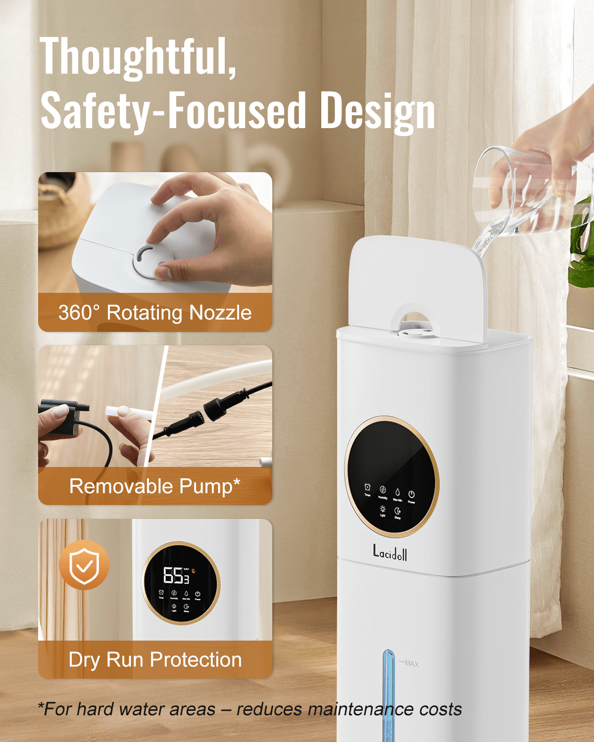 2.1Gal/8L Cool Mist Humidifier for Room Bedroom, Large Room Humidifier for Home Whole House, Quiet Ultrasonic Humidifier with Night Light, White, Lacidoll