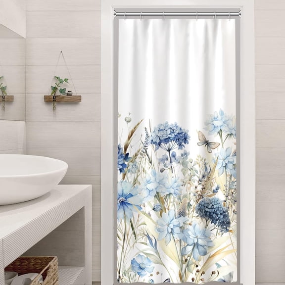 Stall Shower Curtain, Blue Hydrangea Floral Small Shower Curtain Set with Hooks Waterproof Fabric Aesthetic RV Bathroom Curtain, 36x72 Inch