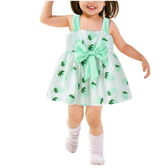 Odeerbi 1-4Y Toddler Girls Cute Princess Dresses Cotton Dress Kids Summer Cute Floral Print Slip Dress Bowknot Dress Baby Clothes Green