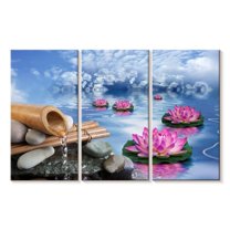 Elephant Stock Zen Lotus Wall Art - Horizontal Multi Panel Canvas - Living Room Wall Decor - Wellness Multi Panel - Blue And Brown Decor - 33" x 20"