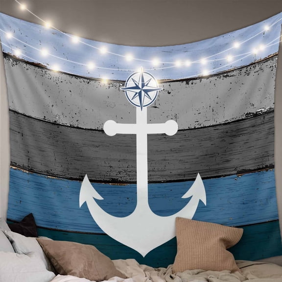 Blue Nautical Anchor Small Tapestry for Bedroom Wall Hanging Tapestry, Rustic Distressed Wood Grain Ceiling Backdrop Tapestries Poster Blanket Wall Decor for Teens Room Living Room Dorm 23" x 28"