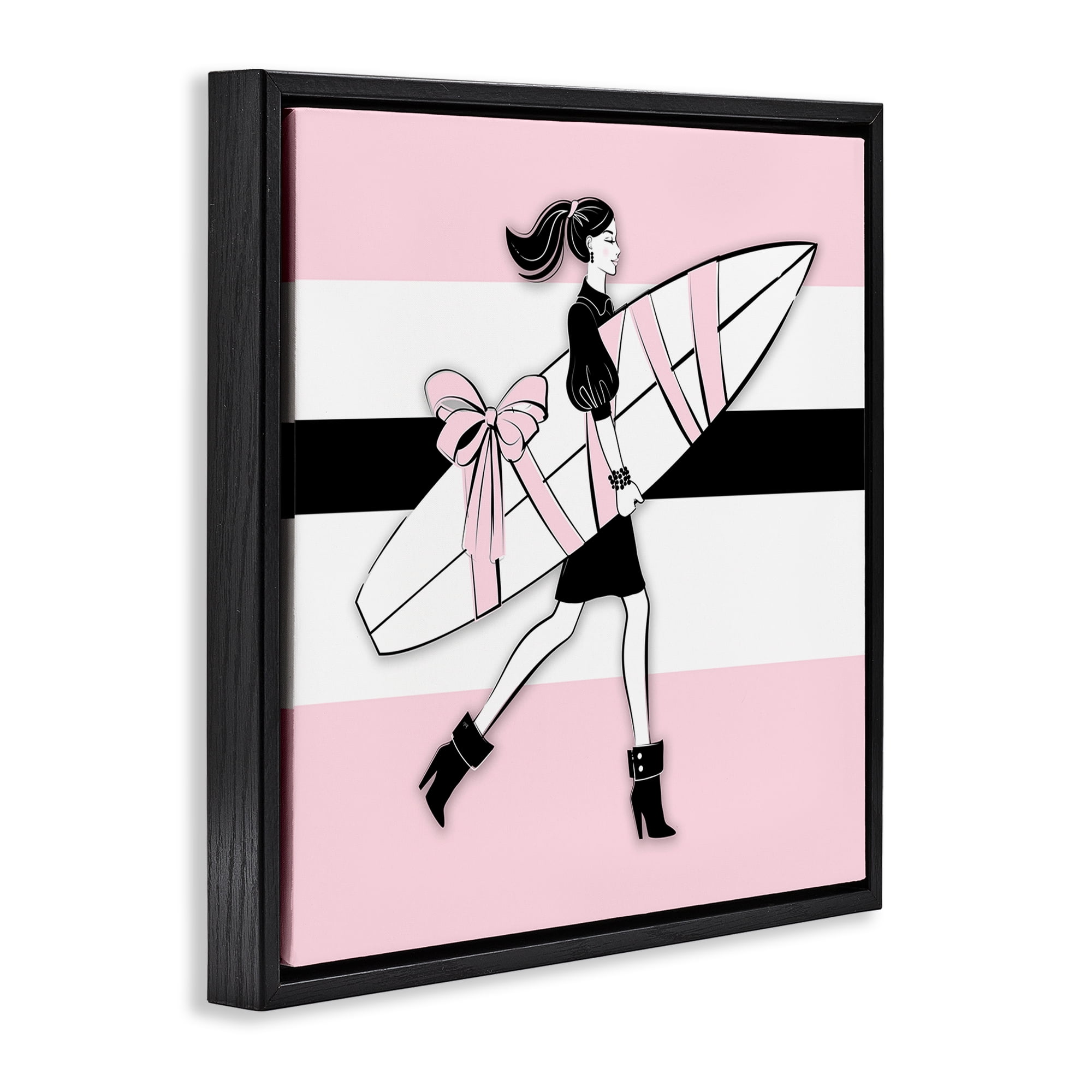 Stupell Industries Glam Girl With Surfboard Novelty Painting Black Floater Framed Art Print Wall Art, 18 x 18