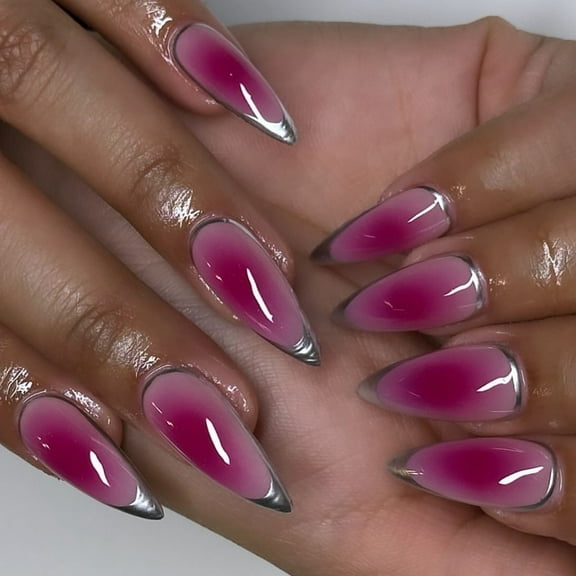 Almond Press on Nails False Nails with Rose Red Full Covers Artificial Nails Glossy on Nails for Women 24Pcs