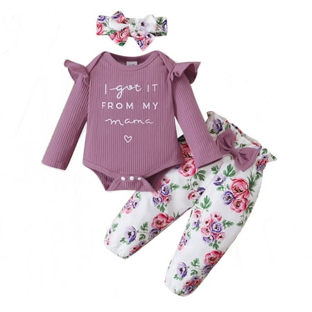 

Kucnuzki 12 Months Baby Girl Fall-Winter Outfits Pants Sets 18 Months Long Sleeve I Got it From My Mama Letter Prints Romper Tops Elastic Floral Cozy Pants Headband 3PCS Set Purple