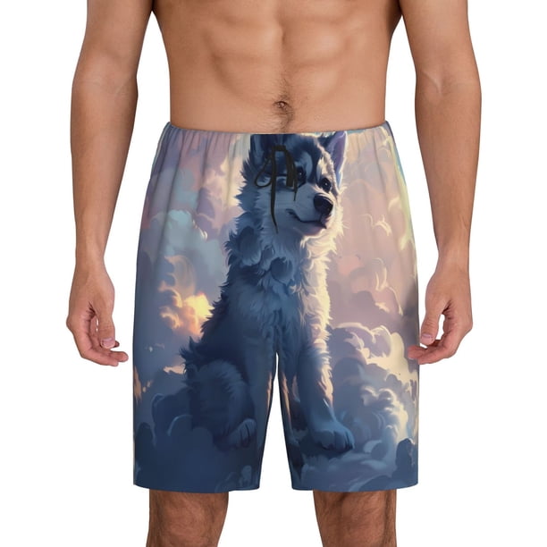 Balery Cloud Wolf Pantalones cortos de pijama de punto de algodón para hombre con cinturilla y bolsillos-Small