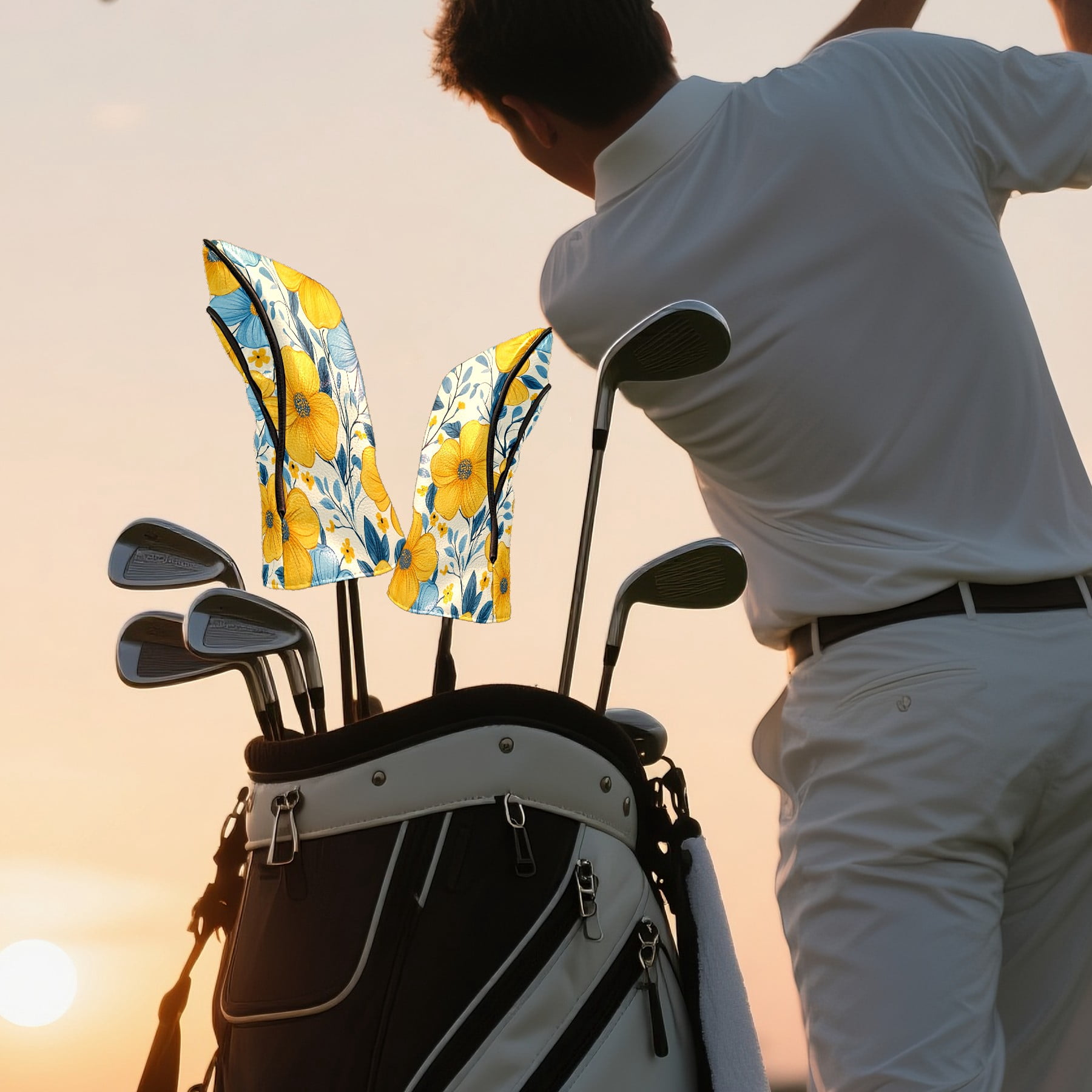 Golf Club Covers PU Leather Waterproof Head Covers for Fairway Woods Hybrids Flowers