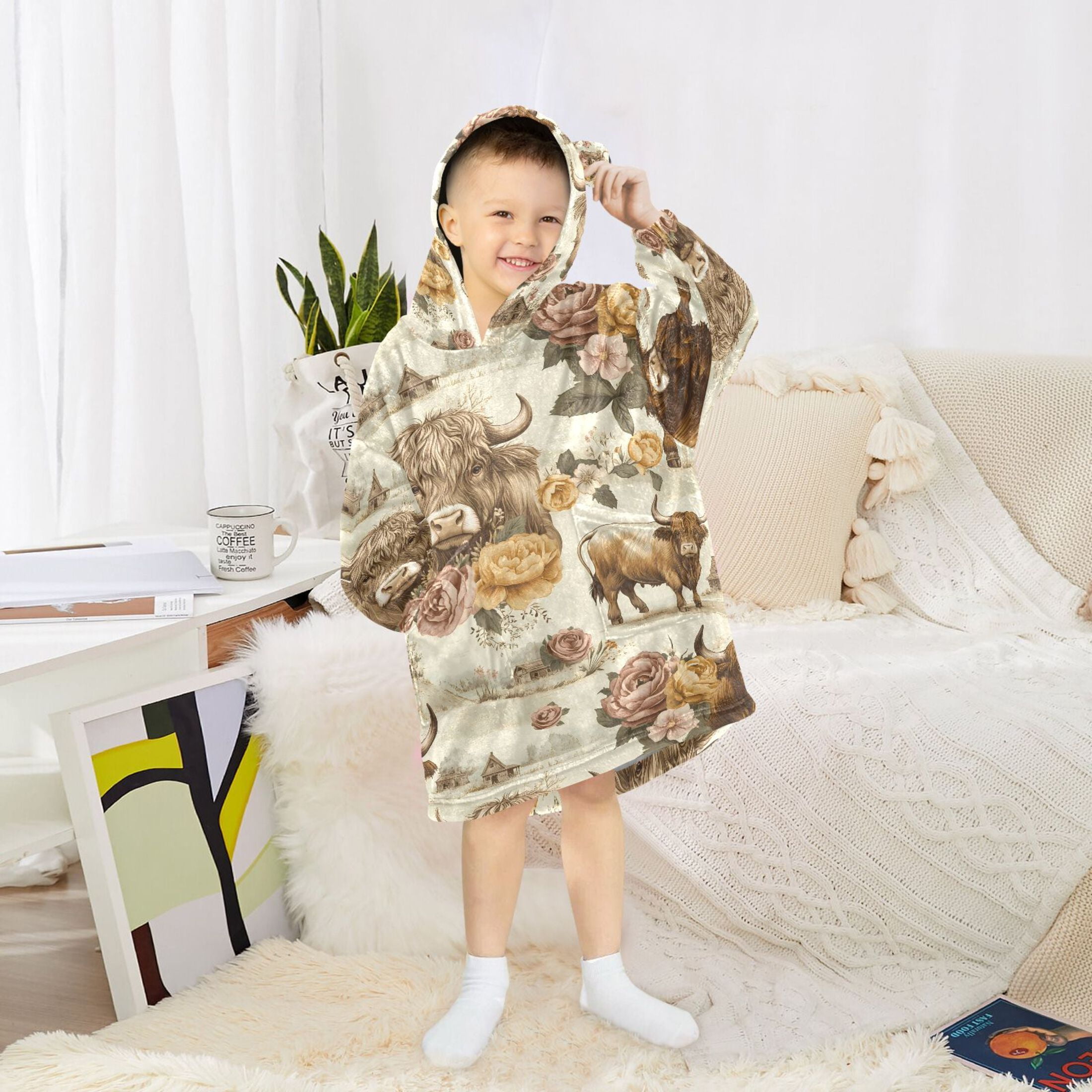 joogoo Blanket Hoodie for Highland Cattle Flower-w1 Oversize Sweatshirt 3-14 YR L
