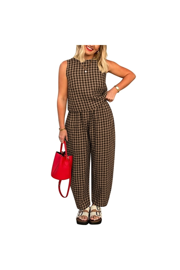 Matching Sets Women 2 Piece Outfits Plaid Sleeveless Top & Wide Leg Pants Summer Suits Gingham Checkered Print Loose Fit Vacation Beach Casual Clothing