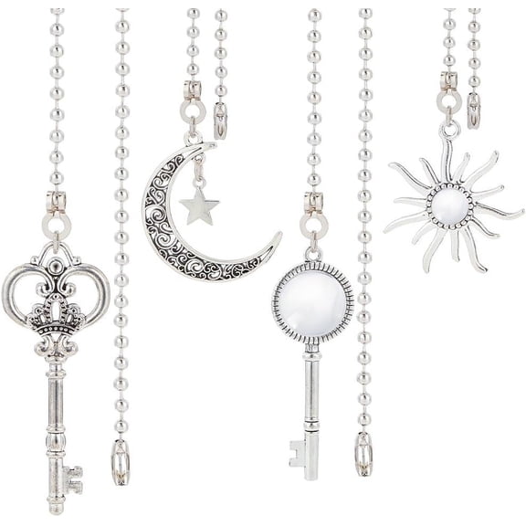 4Pcs Alloy Ceiling Fan Pull Chain Extenders Key Star and Moon Ceiling Fan Extension with Stainless Steel Ball Chain for DIY
