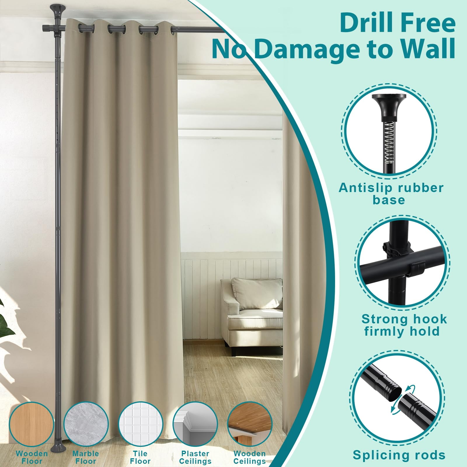 IHOMEPARK Room Divider Curtain Rod, No Drilling Rod, 48-120inch (H) 28-144inch(W) Adjustable Partition Hanging Room Divideto Ceiling Self Stand for Space Partition, Black