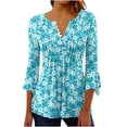 thumbnail image 2 of Sakmal Womens Tops Blue 3/4 Sleeve Button Floral V-Neck Tunic Womens Shirts, 2 of 4