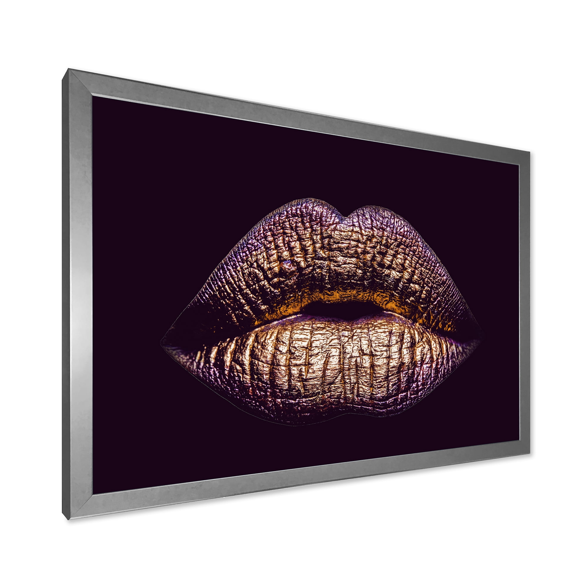 Designart 'Sexy Golden Metallized Woman Lips III' Modern Framed Art Print