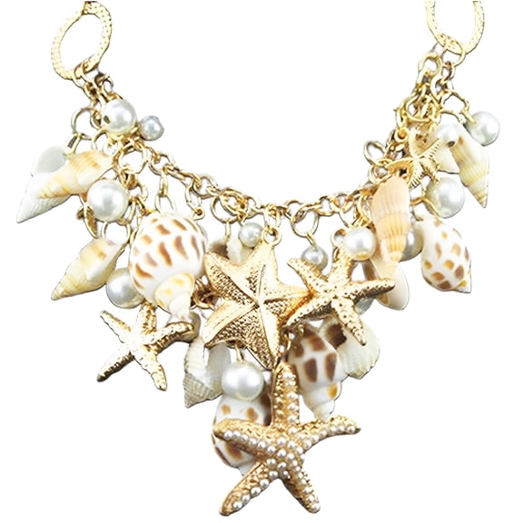DESIGNICE 2Pcs Ocean Style Necklace Sea Shell Faux Pearl Starfish Layered Statement Necklace Jewelry