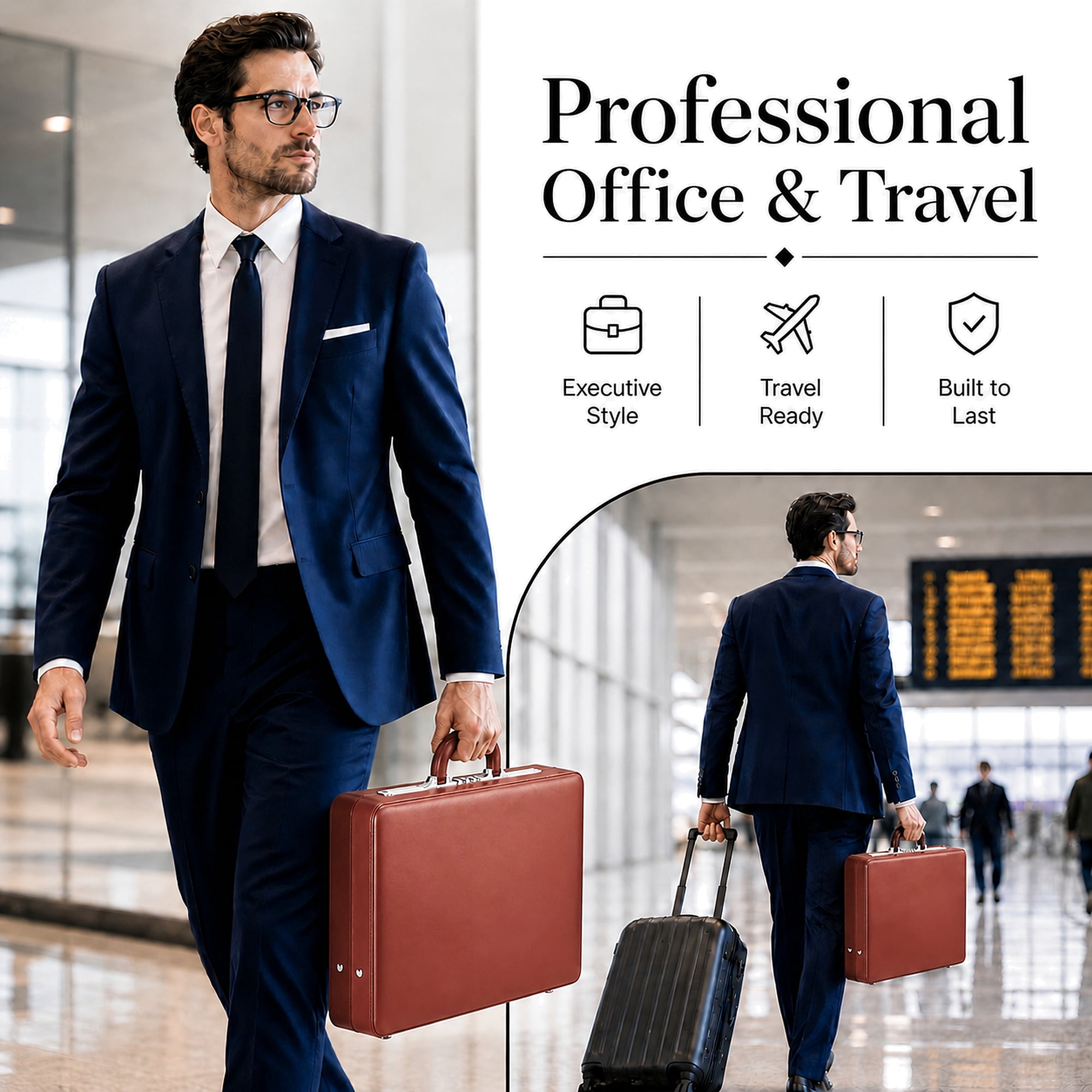 HAESTUS Briefcases for Men, Professional Leather Briefcase with Lock, Hard Shell Business Brief Case, Attache Case for 15.6" Laptop, Mens Hard Briefcase for Work Office Travel, Brown | Center Lock
