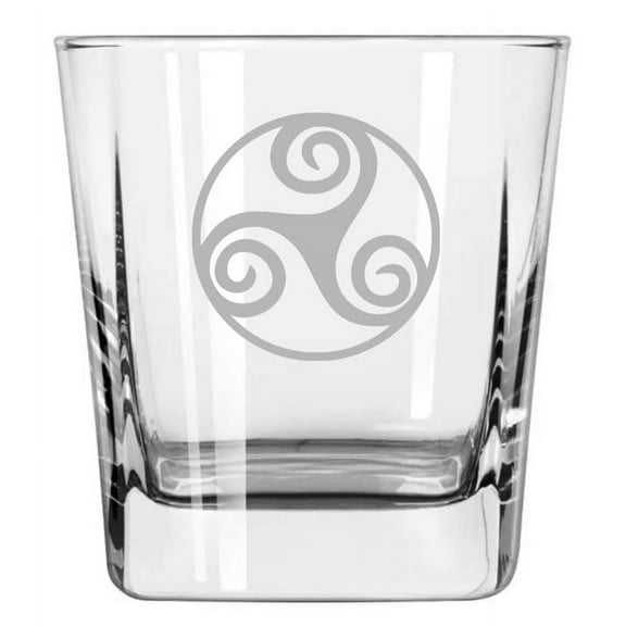 12 oz Square Base Rocks Whiskey Double Old Fashioned Glass Triskel Celtic Triskelion