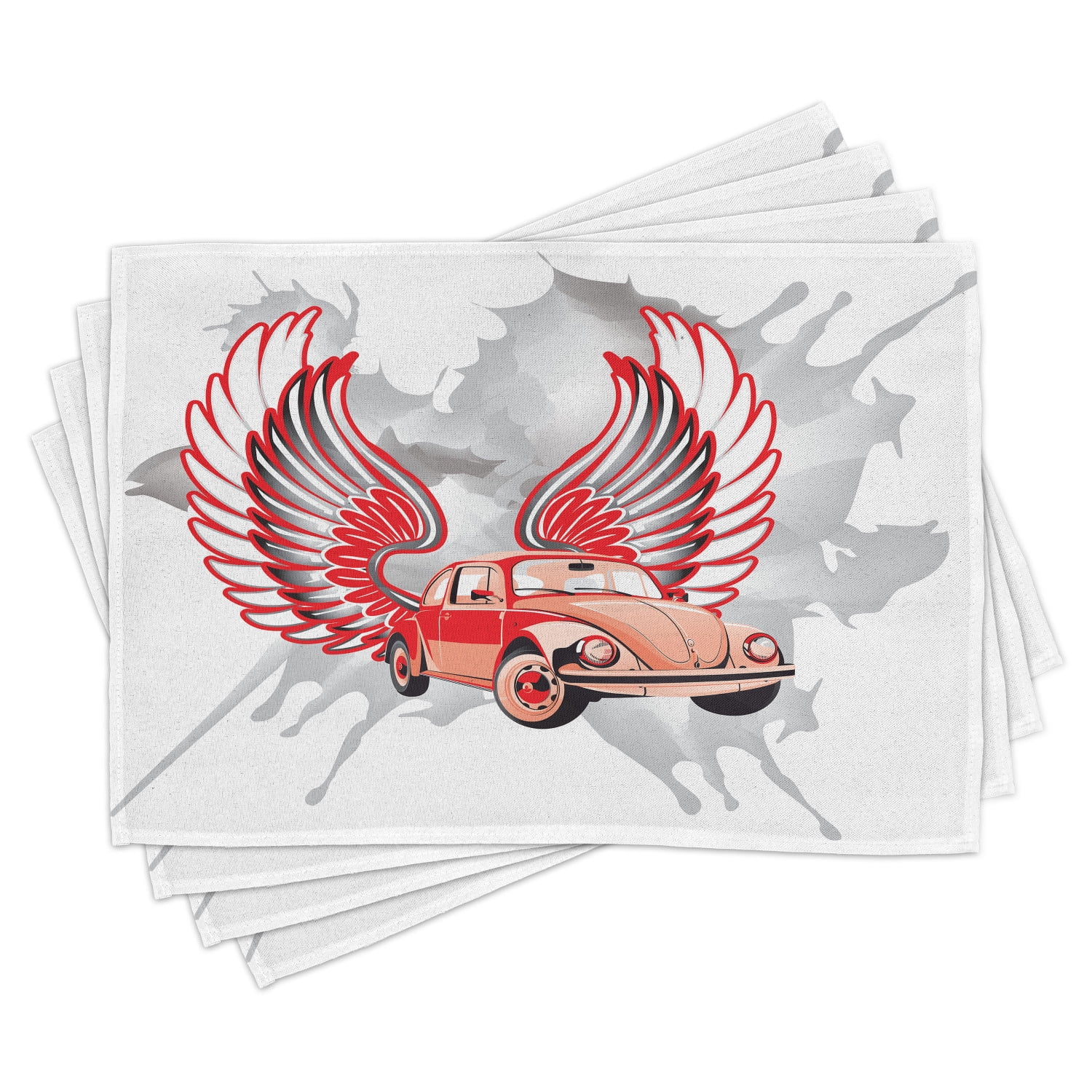 Cars Placemats Set of 4 Hippie Dated Beetle Car with Wings Once Sixties