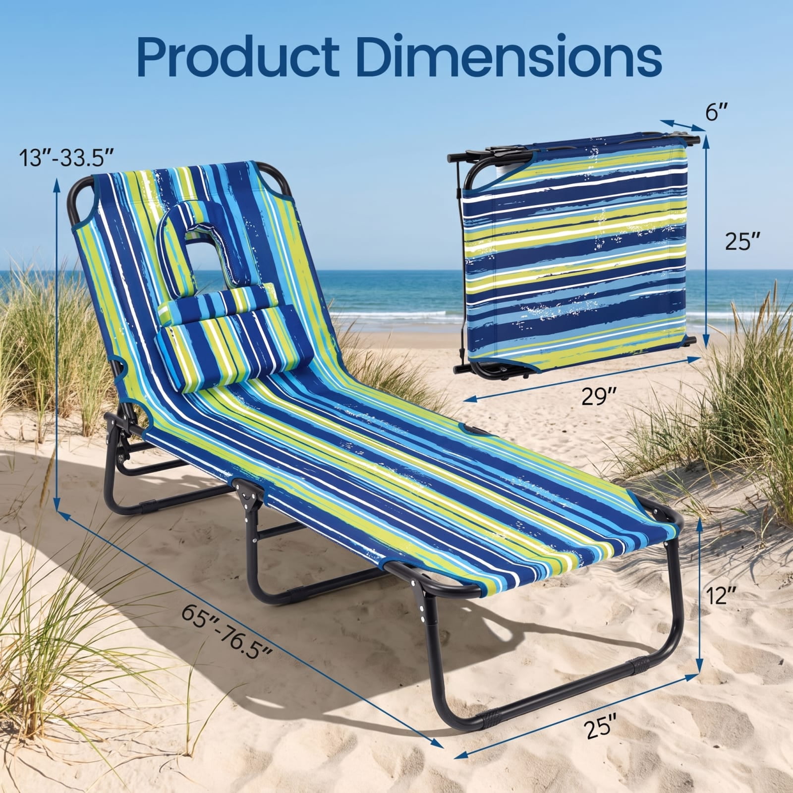 Furnibear Folding Patio Chair Solid Metal for Outdoor Garden Balcony Blue Stripe 330 lbs Capacity Weather-Resistant Outdoor Furniture