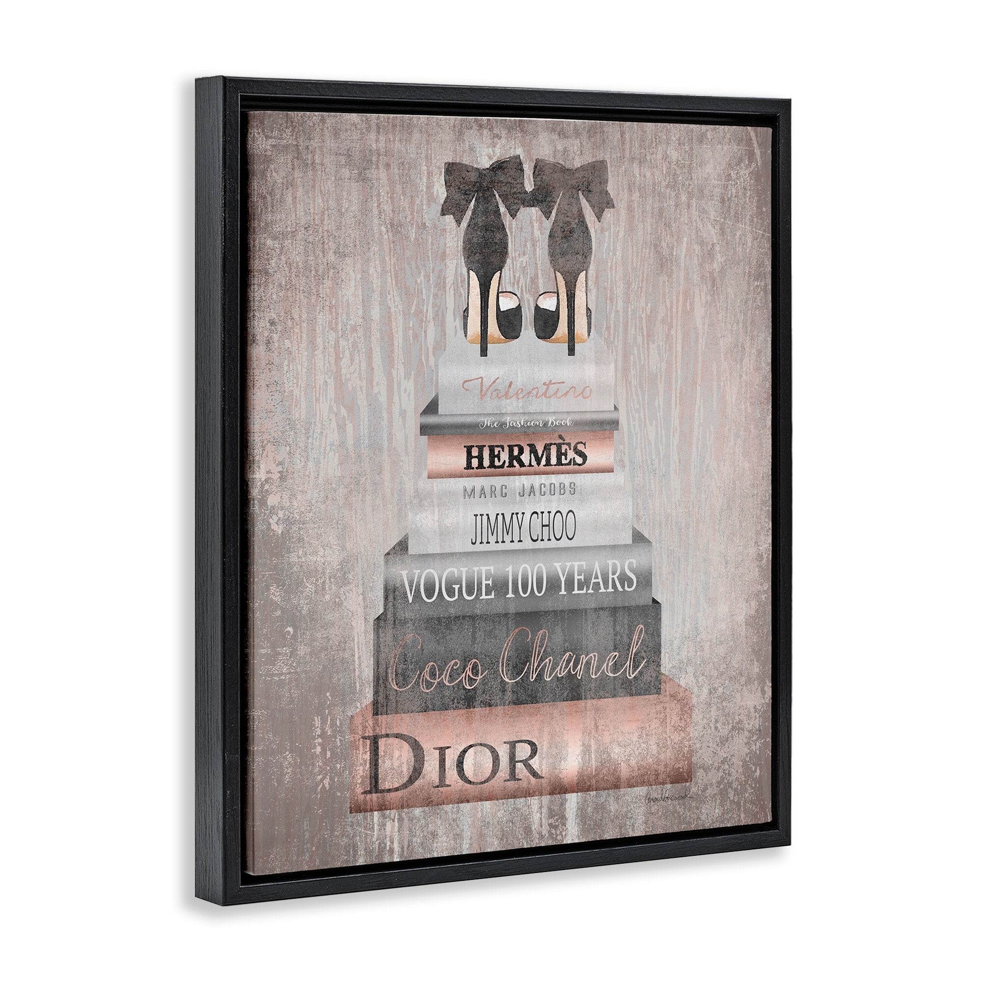 Stupell Industries Book Stack Heels Metallic Pink Jet Black Framed Floating Canvas Wall Art, 16x20, by Amanda Greenwood