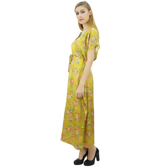Bimba Women's Long Satin Maxi Drawstring Floral Kaftan Kimono Yellow Gown - 6