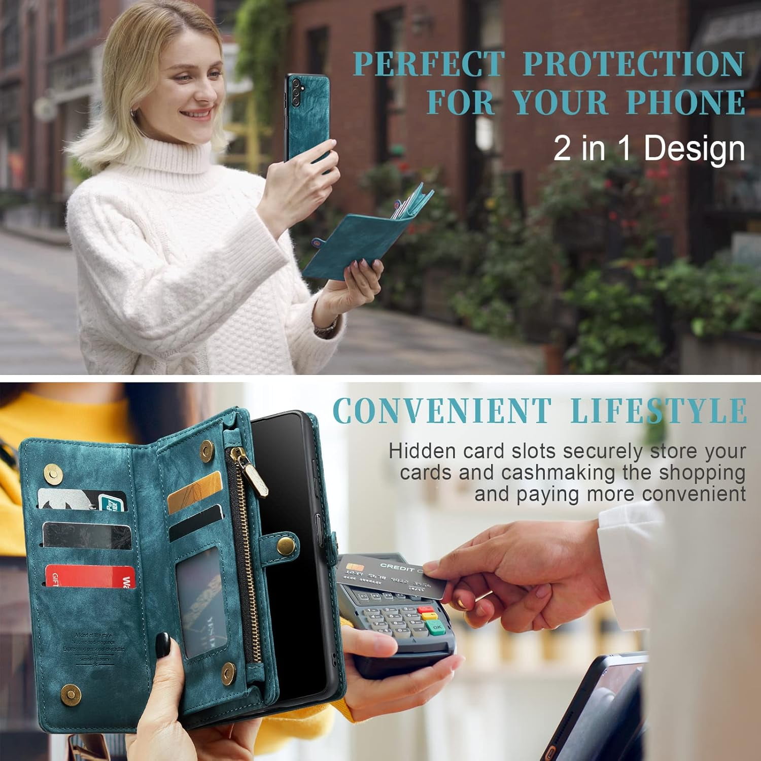 Phone Case for Samsung Galaxy A13 5G Zipper Wallet Detachable Cover with Tempered Glass Screen Protector and Flip Card Holder Cell Accessories Gaxaly A 13 G5 2022 13A A135G SM A136U Men Blue