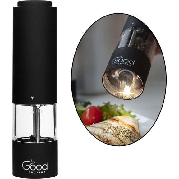 Electric Pepper Grinder and Salt Mill- Battery Operated One-Handed Spice Dispenser w LED Light & Adjustable Coarseness- Matte Black, Batteries Included