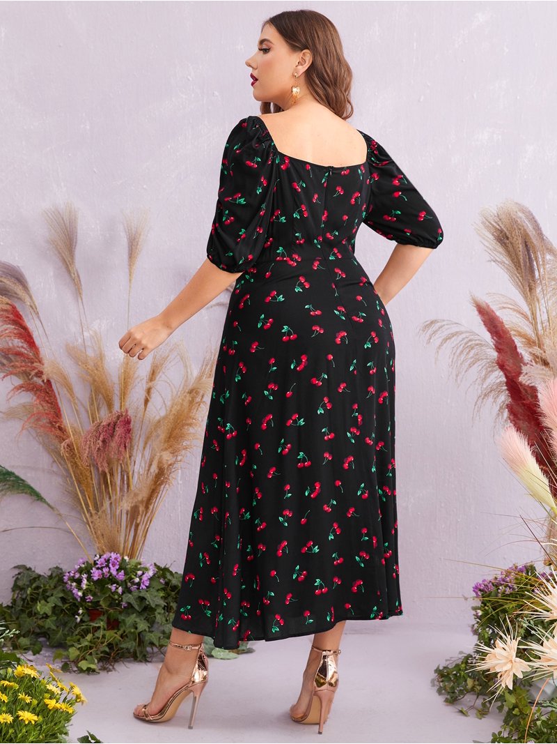 Plus Size Cherry Print Puff Sleeve Midi Dress - Walmart.com