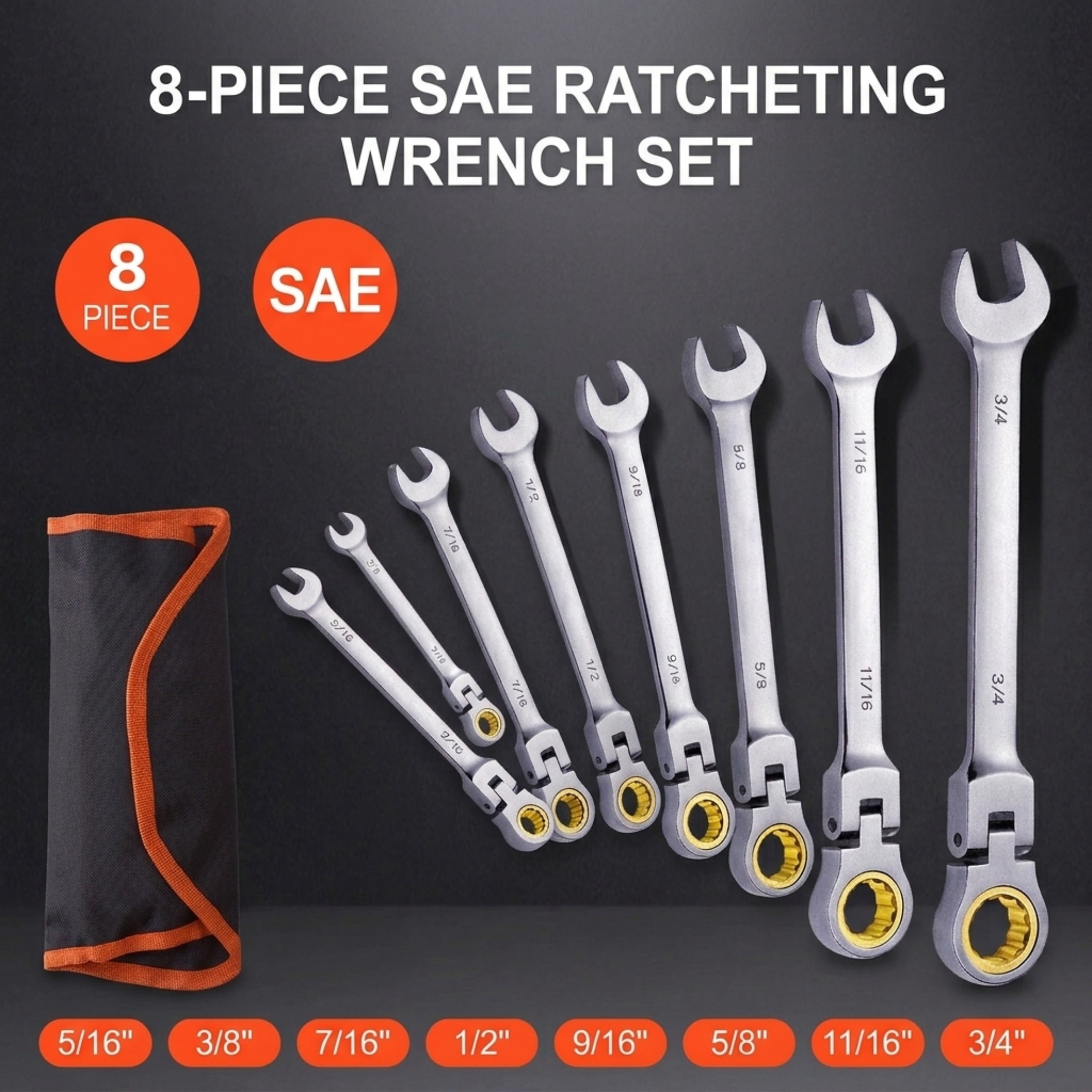 8-Piece Flex-Head Ratcheting Wrench Set, SAE 5/16" to 3/4" Combination Wrench Set with Roll-up Pouch, Cr-V Steel