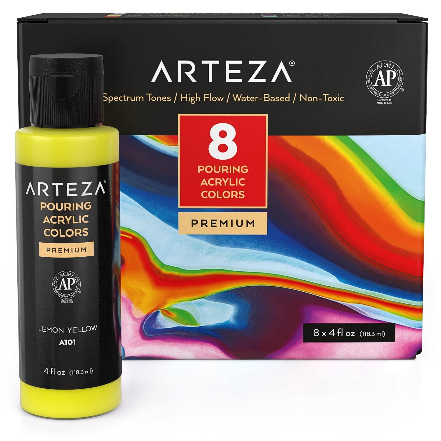 Arteza Acrylic Pouring Paint Kit, 4 oz Bottles Set, Rainbow Colors- 8 Pack