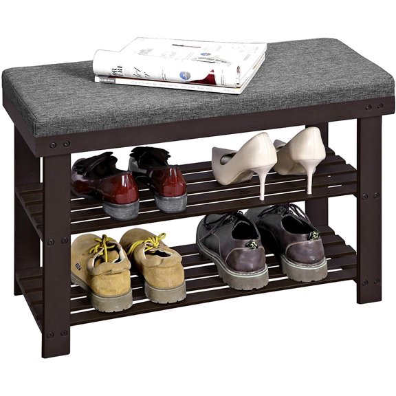 SONGMICS 2-Tier Bamboo Shoe Bench Comfortable and Stable Shoe Organizer for Entryway Living Room Holds Up to 330 lb 11.4 x 28 x 19.3 Inches Brown and Gray