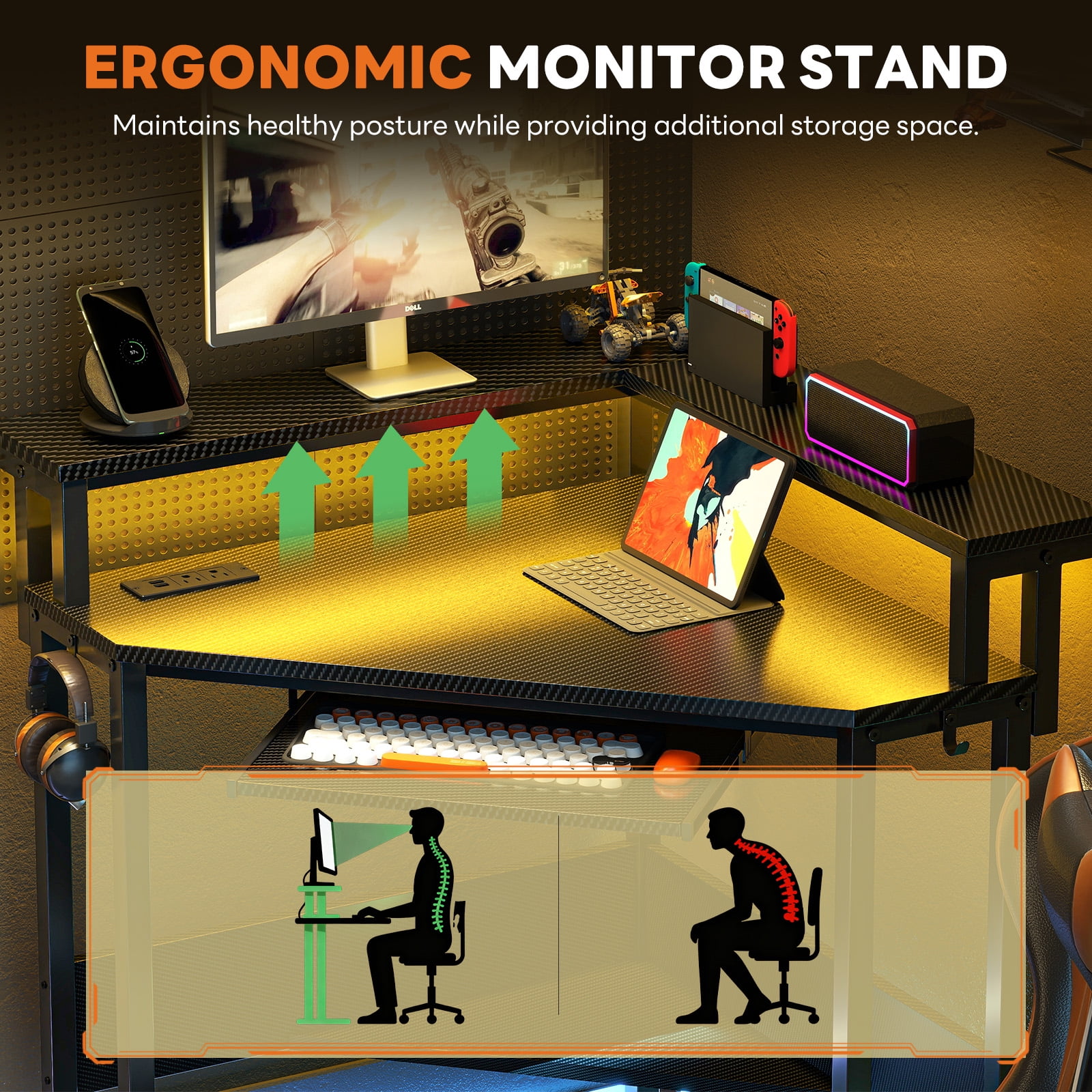 EDX Corner Office Gaming Desk 31 Inches L-Shaped Computer Desk with Charging Hub & Ergonomic Stand for Small Spaces, Carbon Black