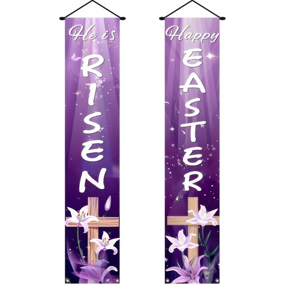 Easter Porch Banners Happy Easter Banner and He Is Risen Decor Purple Cross Design Easter Banners For Outside 70x12 Inches Vertical Signs Backdrop for Outdoor Decorations
