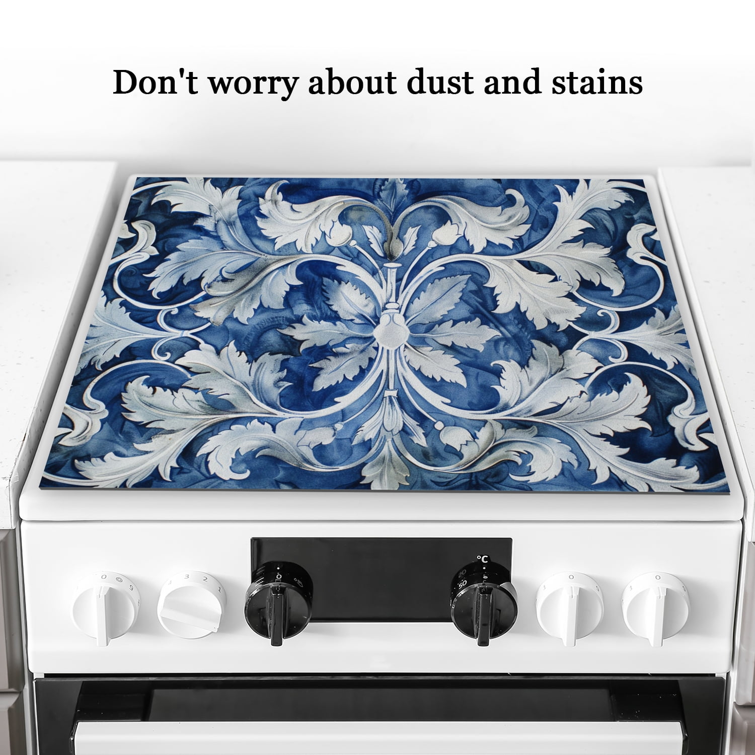 Square Stove Top Covers, Blue And White Flower Tapestry With Delicate Details Cover for Electric Stove Top, Foldable Washable Modern Decor Mat for Kitchen RV (28×20 Inch)