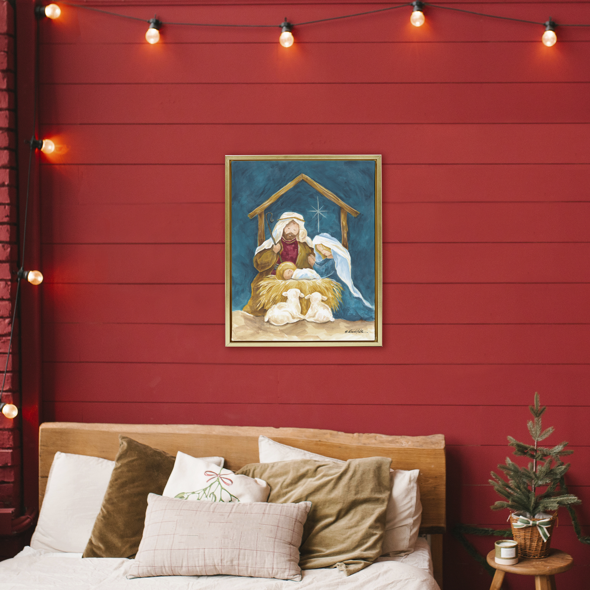 Comforting Nativity Painting Gold Framed Floater Canvas Wall Art, design by Diane Kater