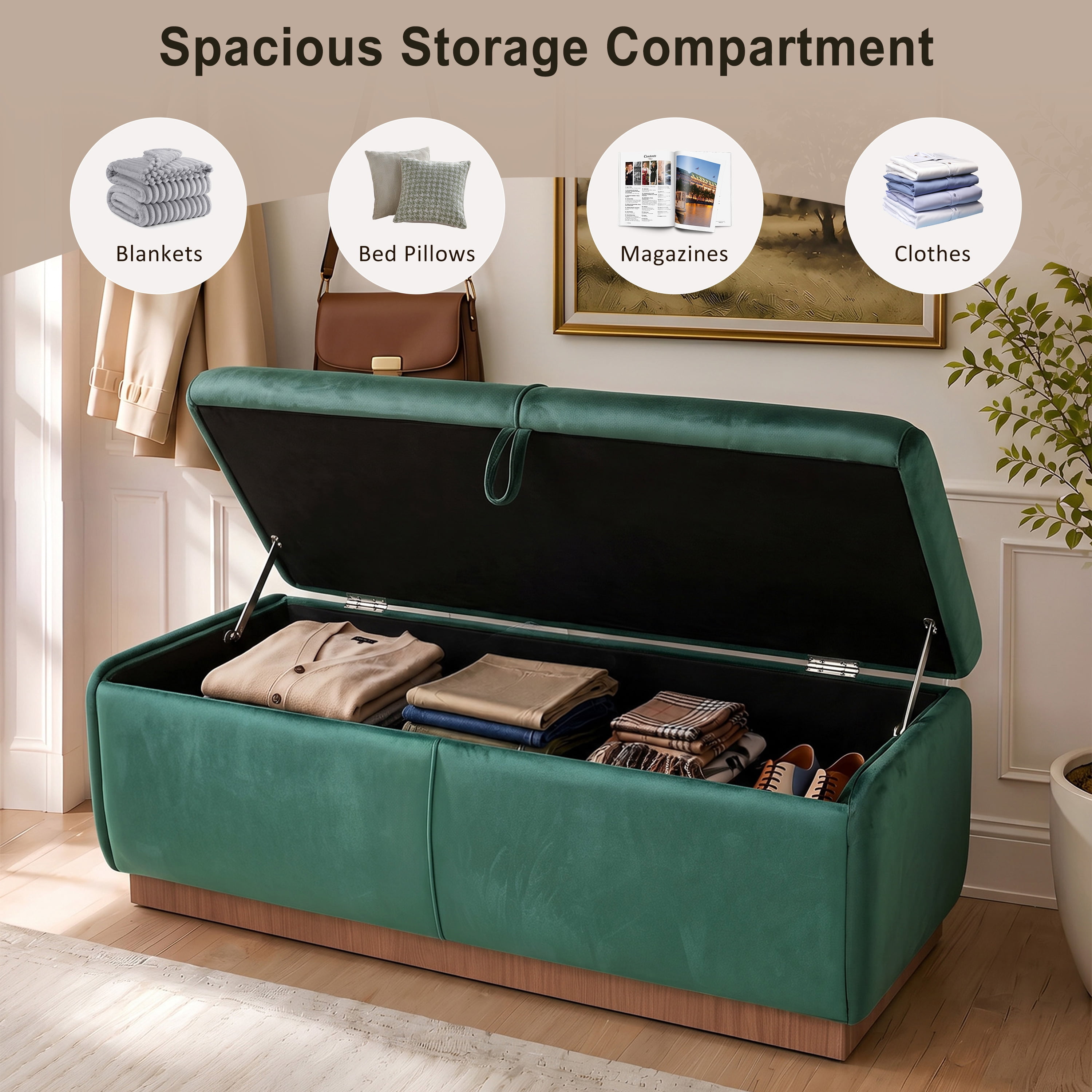 Euroco 47.2" Storage Ottoman Bench,Upholstered Footrest Entryway Bench, End of Bed Bench for Living Room Bedroom,Green